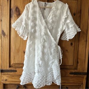 White Textured Wrap Dress with Pom Detail